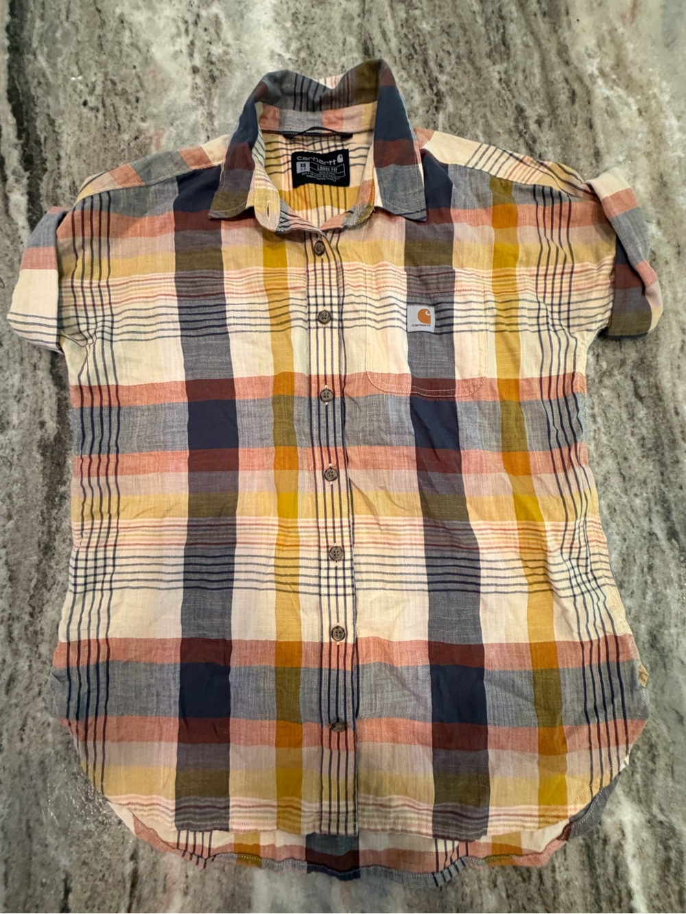 Carhartt Women's XS.  Lightweight Loose Fit  Plaid Yellow Navy Short Sleeve